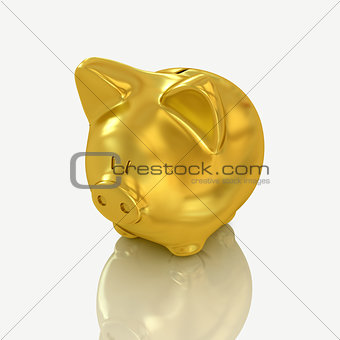 Golden piggy money bank on white background