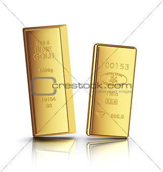 two gold bars with reflection on white background