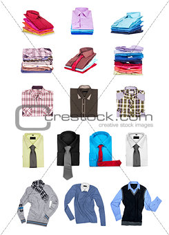 Collection of men's shirts and sweaters on a white background