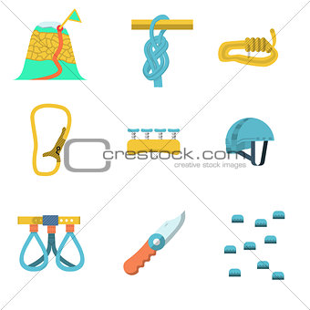 Flat color vector icons for climbing outfit