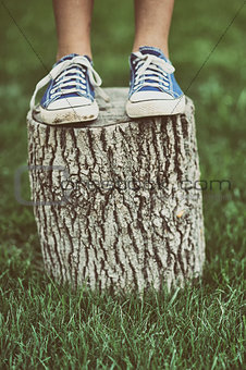 Girl standing on a tree stump