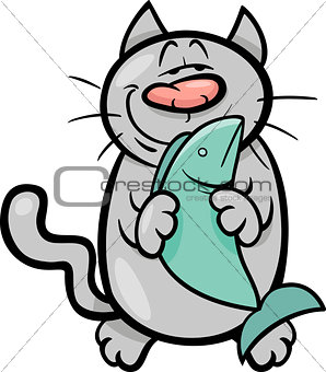 happy cat with fish cartoon