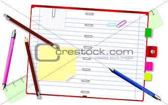 Notepad with pencils and pens