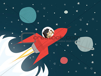 Red rocket with businessman in space