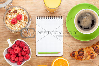 Healthy breakfast with muesli, berries and juice