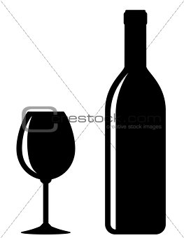 black wine bottle with glass