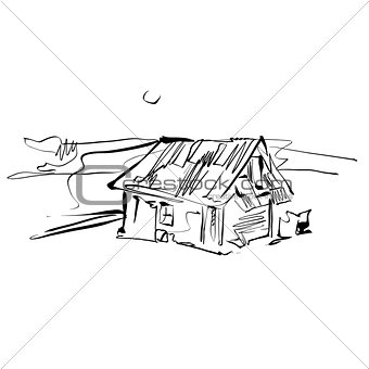 Black and white hand drawn house, illustrated country house. 