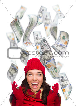 Young Excited Woman with $100 Bills Falling Around Her