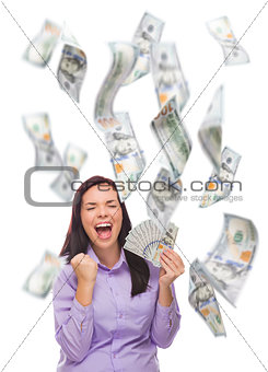 Happy Woman Holding the $100 Bills with Many Falling Around