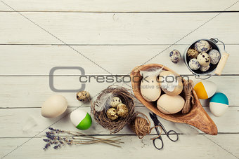 Easter decorations on wooden surface