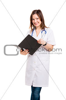 Beautiful young veterinary holding a folder, isolated over white