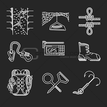 White line vector icons for rock climbing outfit