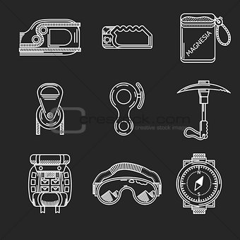 White line vector icons for mountaineering outfit