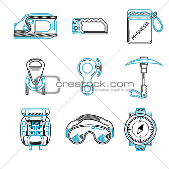 Flat line vector icons for mountaineering equipment