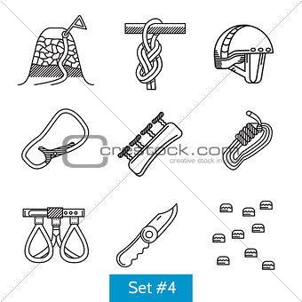 Set of black line vector icons for rock climbing