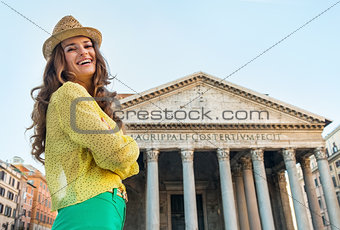 Portrait of smiling young woman in front of pantheon in rome, it