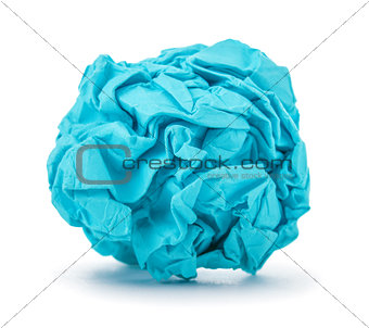 bright blue ball crumpled paper on a white background
