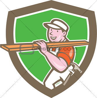 Builder Carpenter Carrying Timber Shield Cartoon