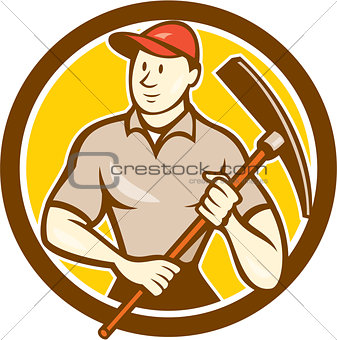 Construction Worker Holding Pickaxe Circle Cartoon