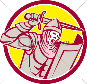 Crusader Knight With Sword and Shield Circle Retro