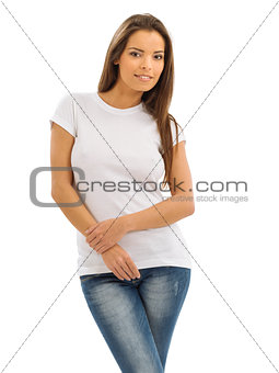 Smiling brunette wearing blank white shirt