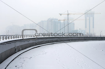 Construction site in winter fog.  