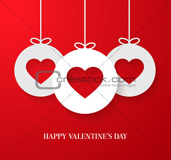 Valentines day card with hanging hearts.
