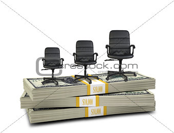 Stack of money with three office chairs on top