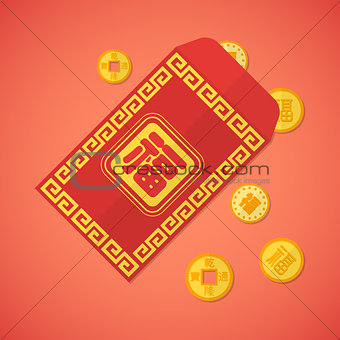 flat style chinese new year red envelope with coins