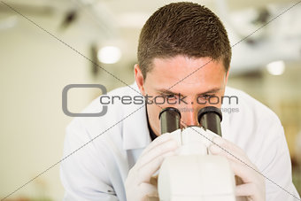 Young scientist working with microscope