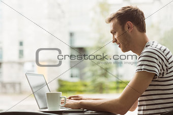 Smiling student using laptop in cafe