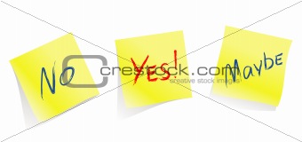 Yes / No / Maybe / yellow note pages / vector
