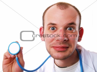 Crazy doctor using a stethoscope