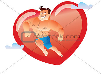 Macho bare-chested on the background red heart