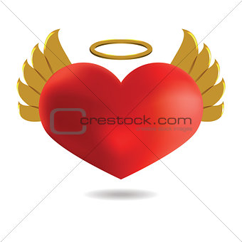 Red Angel  Heart with Golden Wings and Halo, Isolated On White B