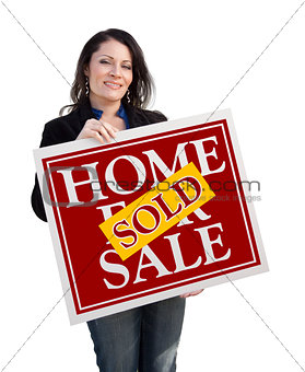 Hispanic Woman Holding Sold Home For Sale Sign on White