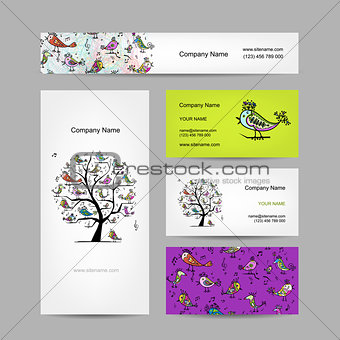 Business cards design, art tree with funny birds