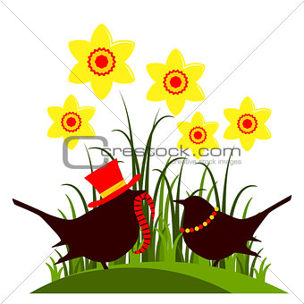daffodils and birds