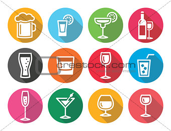 Drink alcohol beverage round flat design icons set