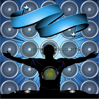DJ and banner on wall speakers background