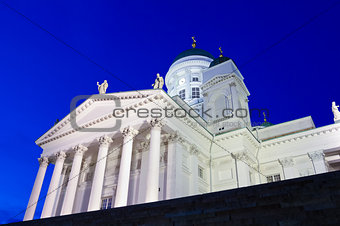 Famous Helsinki Cathedral from low-angle at twilight