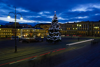Helsinki Senate Square with Christmas tree at twilight