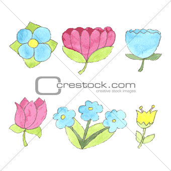 Watercolor flowers set, cute design elements collection