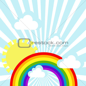 Sky background with clouds, sun and rainbow