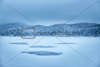 Forest and lake Eibsee with snow Bavaria