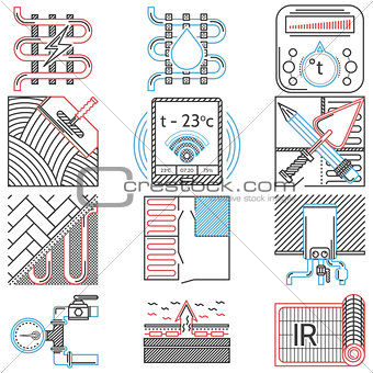 Flat line colored vector icons for heated floor
