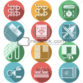 Flat round colored vector icons for heated floor