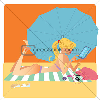 Girl in bikini on beach Mat deals on smartphone
