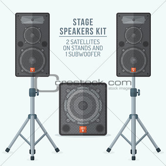 color flat style loudspeakers on stands and subwoofer illustration