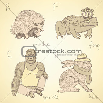 Sketch fancy animals alphabet in vintage style